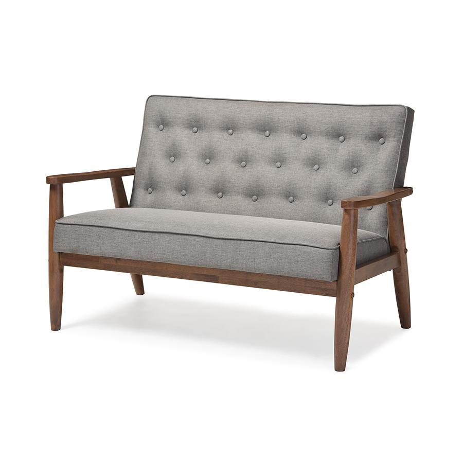 Sorrento Mid-century Retro Modern Grey Fabric Upholstered Wooden 2-seater Loveseat. Picture 2