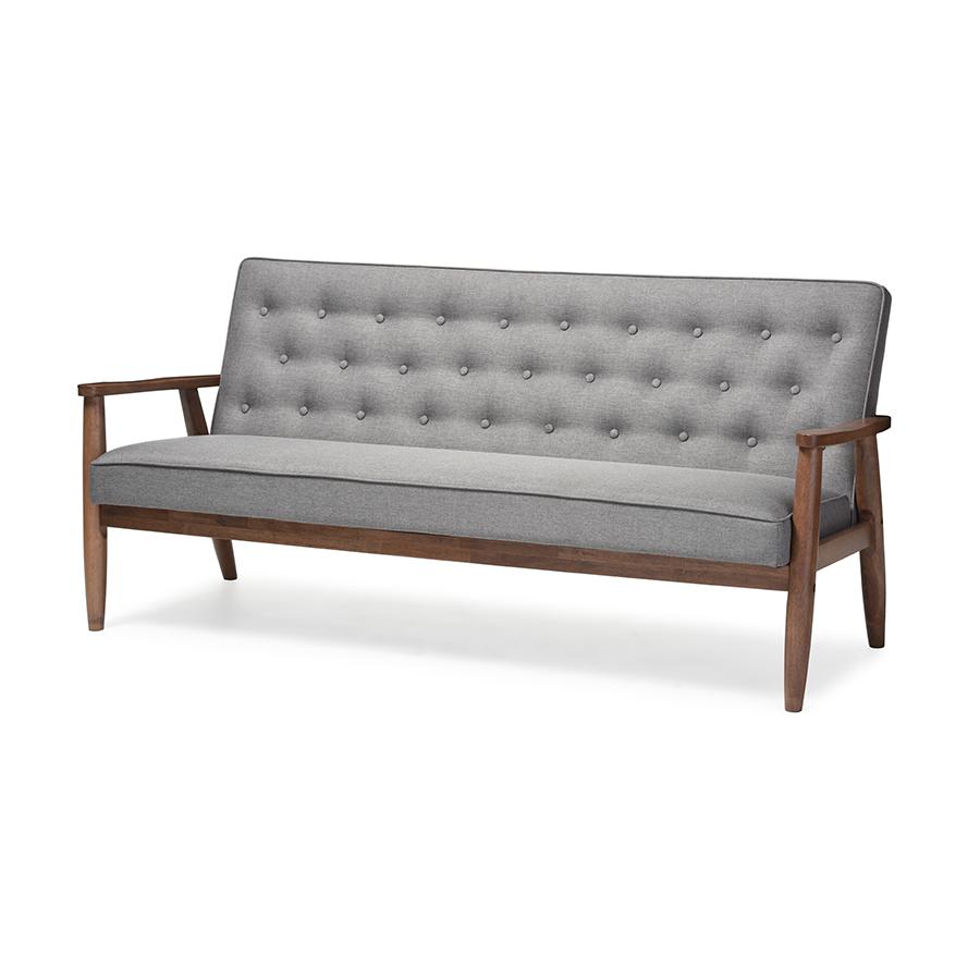 Sorrento Mid-century Retro Modern Grey Fabric Upholstered Wooden 3-seater Sofa. Picture 2