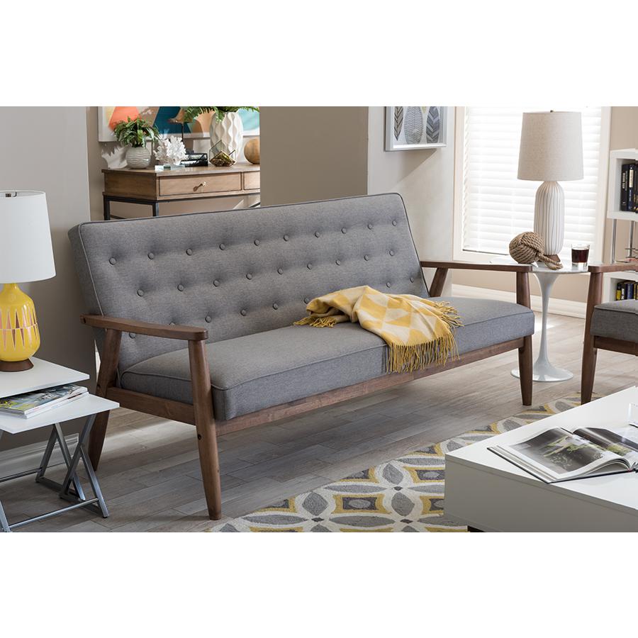Sorrento Mid-century Retro Modern Grey Fabric Upholstered Wooden 3-seater Sofa. Picture 4