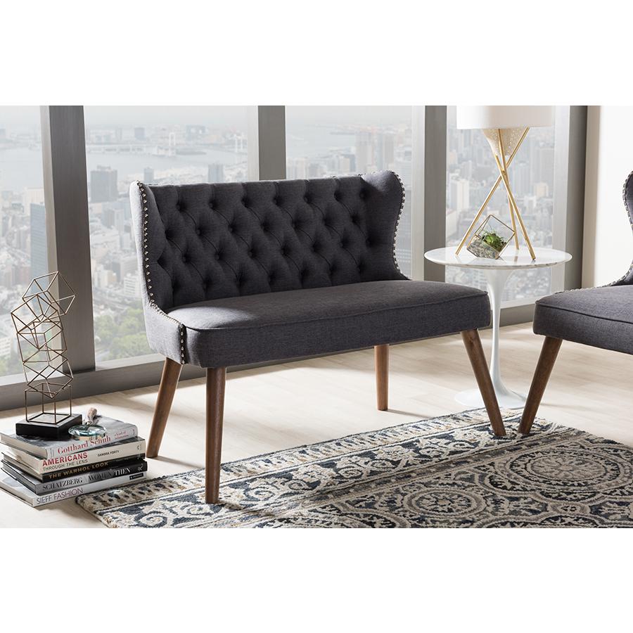 Scarlett Mid-Century Modern Brown Wood and Dark Grey Fabric Upholstered Button-Tufting with Nail Heads Trim 2-Seater Loveseat Settee Dark Grey/Walnut Brown. Picture 4