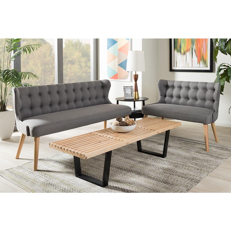 Melody Mid-Century Modern Natural Wood Finishing Grey Fabric 2-Piece Settee Set. Picture 4