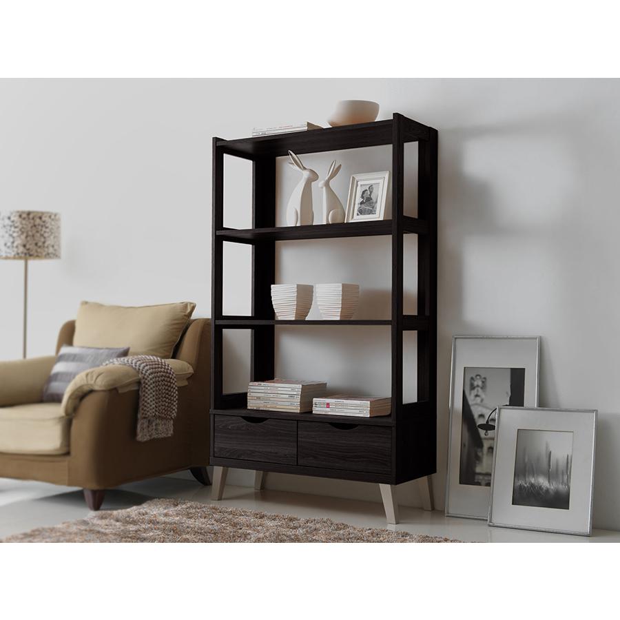 Dark Brown Wood Leaning Bookcase with Display Shelves and Two Drawers. Picture 4
