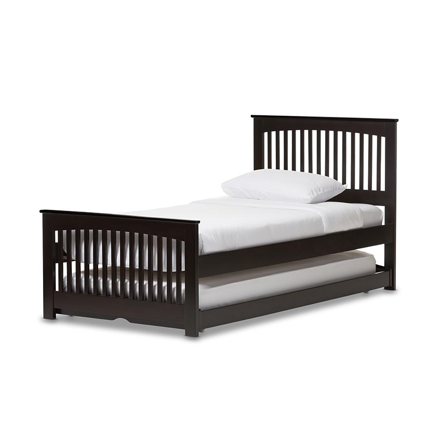 Hevea Twin Size Dark Brown Solid Wood Platform Bed with Guest Trundle Bed. Picture 1