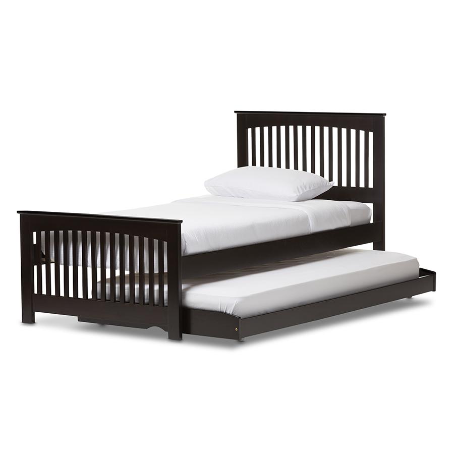 Hevea Twin Size Dark Brown Solid Wood Platform Bed with Guest Trundle Bed. Picture 2