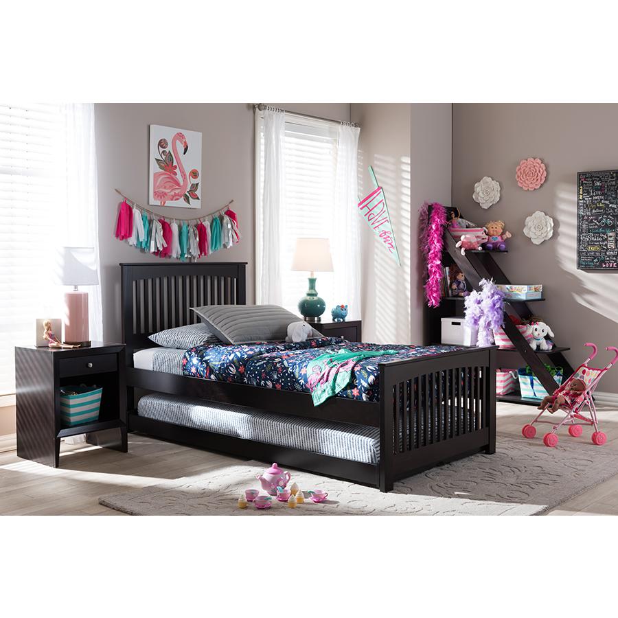 Hevea Twin Size Dark Brown Solid Wood Platform Bed with Guest Trundle Bed. Picture 5