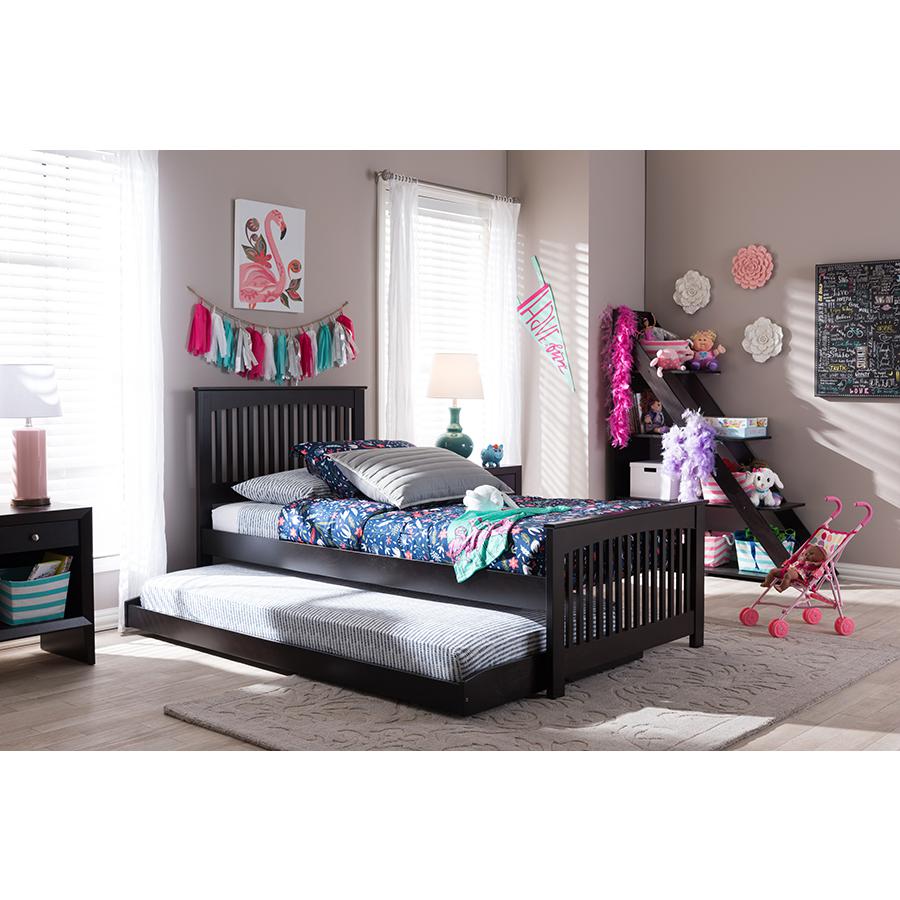 Twin Size Dark Brown Solid Wood Platform Bed with Guest Trundle Bed. Picture 4