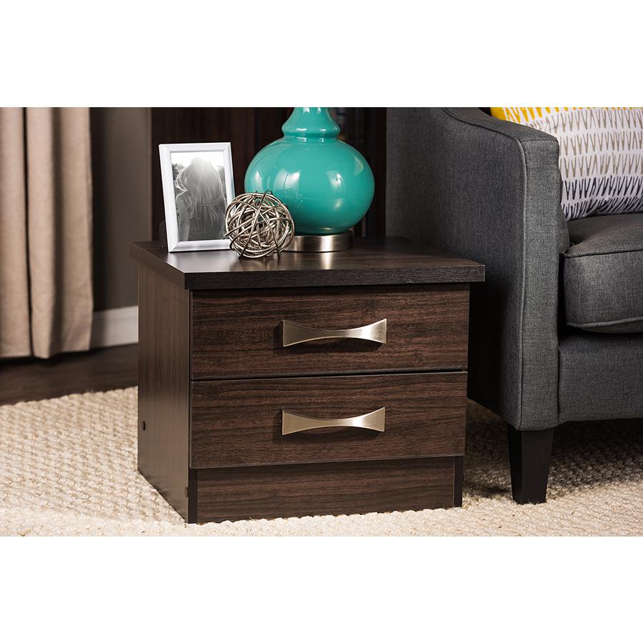 2-Drawer Dark Brown Finish Wood Storage Nightstand Bedside Table. Picture 3