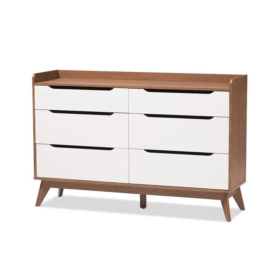 Brighton Mid-Century Modern White and Walnut Wood 6-Drawer Storage Dresser. Picture 1