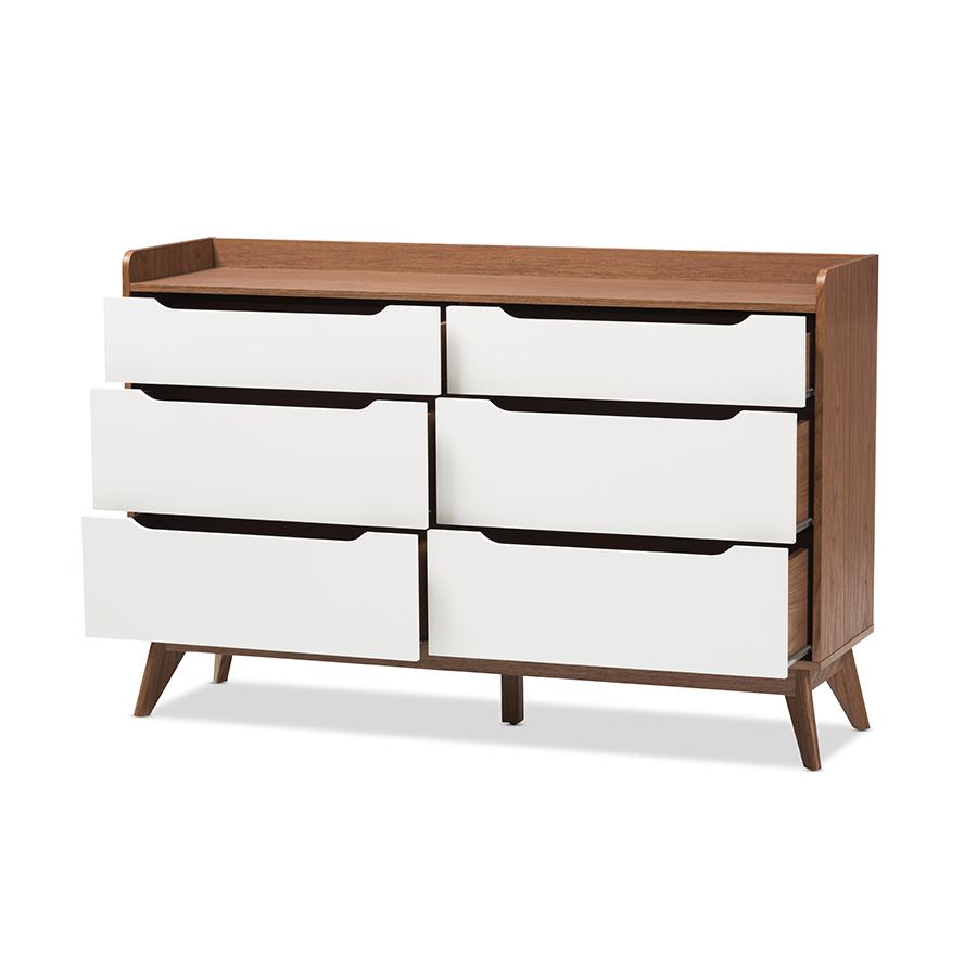 Brighton Mid-Century Modern White and Walnut Wood 6-Drawer Storage Dresser. Picture 2