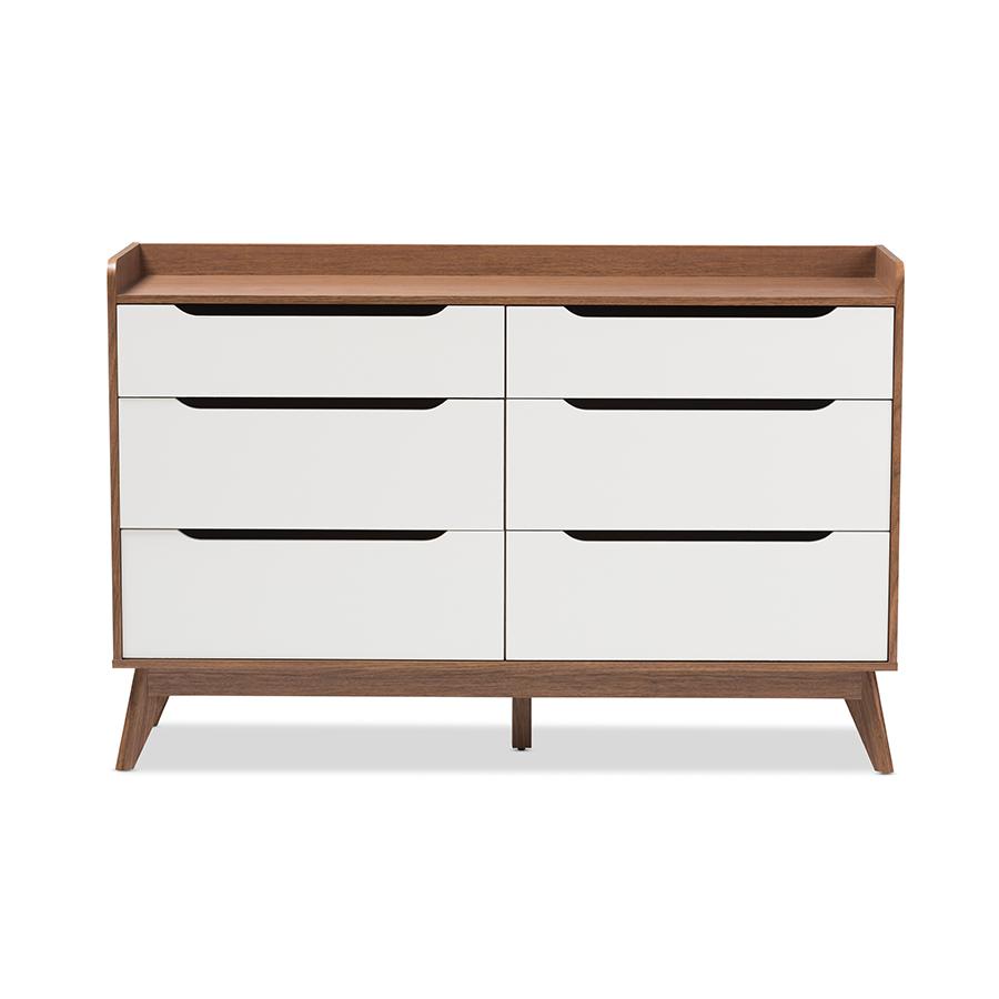Brighton Mid-Century Modern White and Walnut Wood 6-Drawer Storage Dresser. Picture 3