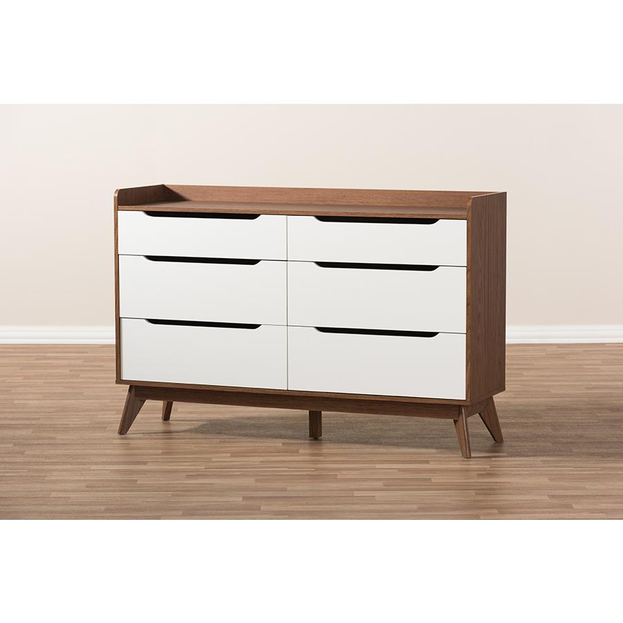 Brighton Mid-Century Modern White and Walnut Wood 6-Drawer Storage Dresser. Picture 7