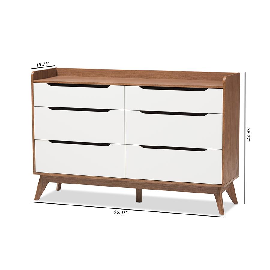 Brighton Mid-Century Modern White and Walnut Wood 6-Drawer Storage Dresser. Picture 8