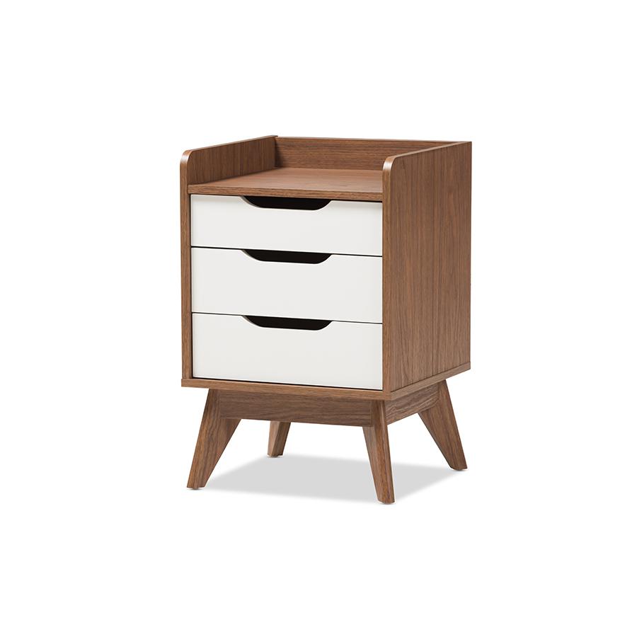 Brighton Mid-Century Modern White and Walnut Wood 3-Drawer Storage Nightstand. Picture 1