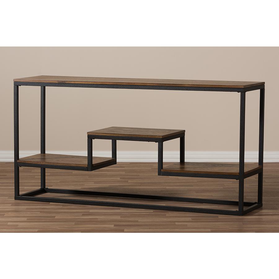 Antique Black Textured Finished Metal Distressed Wood Console Table. Picture 5