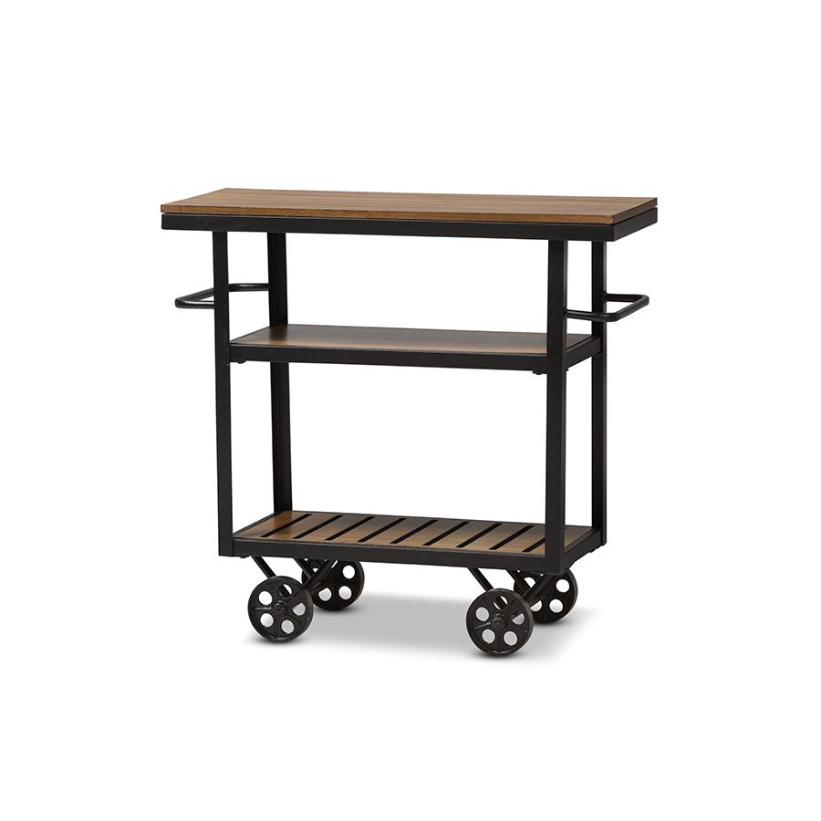 Black Textured Finished Metal Distressed Wood Mobile Serving Cart. Picture 1