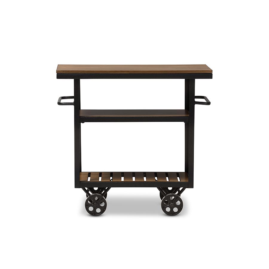 Black Textured Finished Metal Distressed Wood Mobile Serving Cart. Picture 2