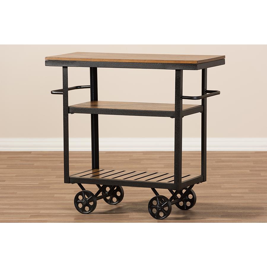 Antique Black Textured Finished Metal Distressed Wood Mobile Serving Cart. Picture 6