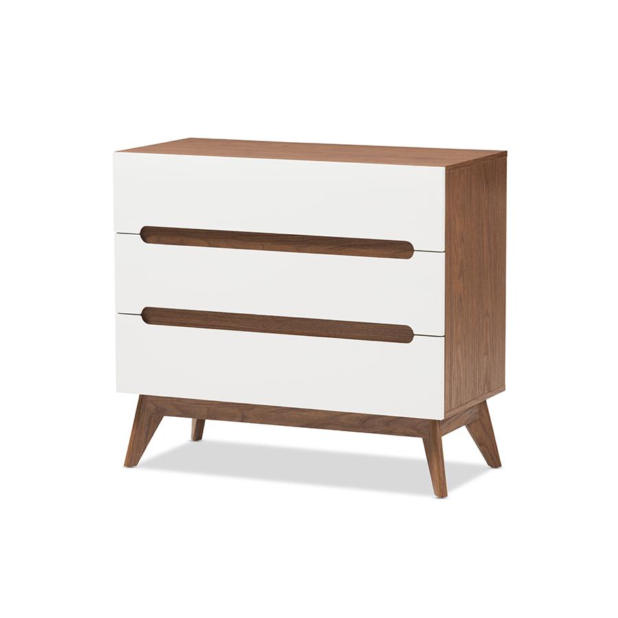 Calypso Mid-Century Modern White and Walnut Wood 3-Drawer Storage Chest. Picture 1