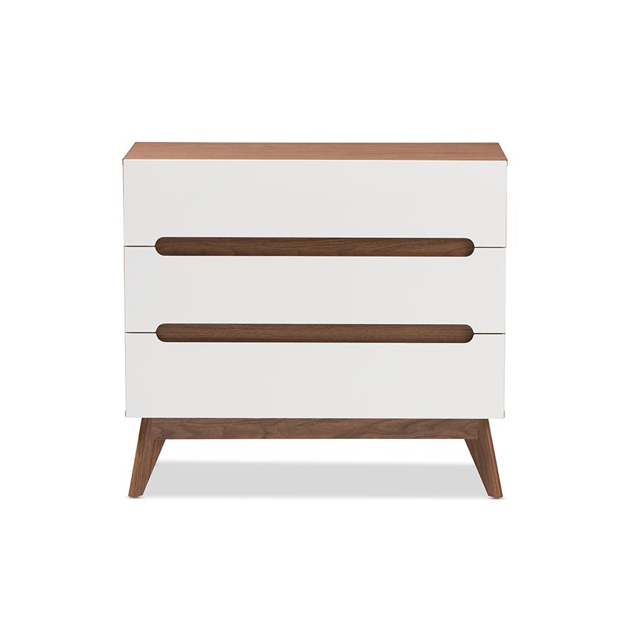 Calypso Mid-Century Modern White and Walnut Wood 3-Drawer Storage Chest. Picture 3