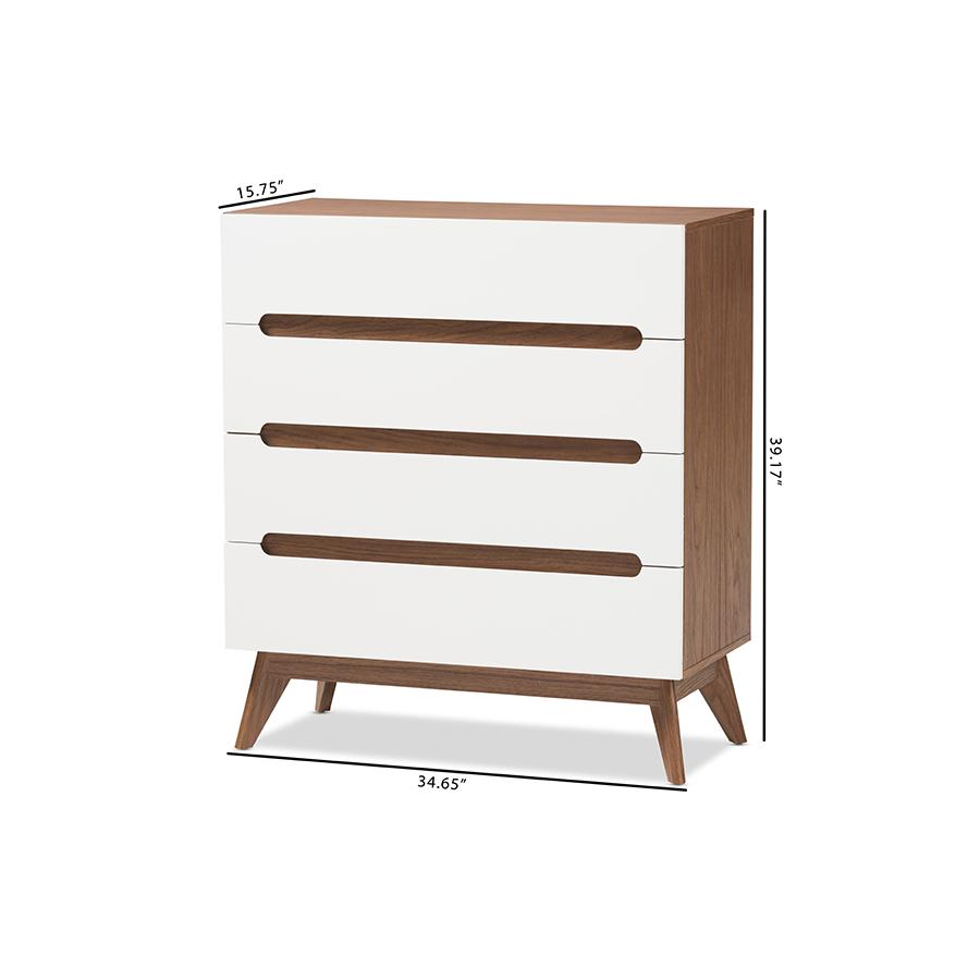 Calypso Mid-Century Modern White and Walnut Wood 4-Drawer Storage Chest. Picture 8