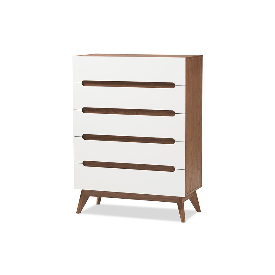 Calypso Mid-Century Modern White and Walnut Wood 5-Drawer Storage Chest. Picture 1