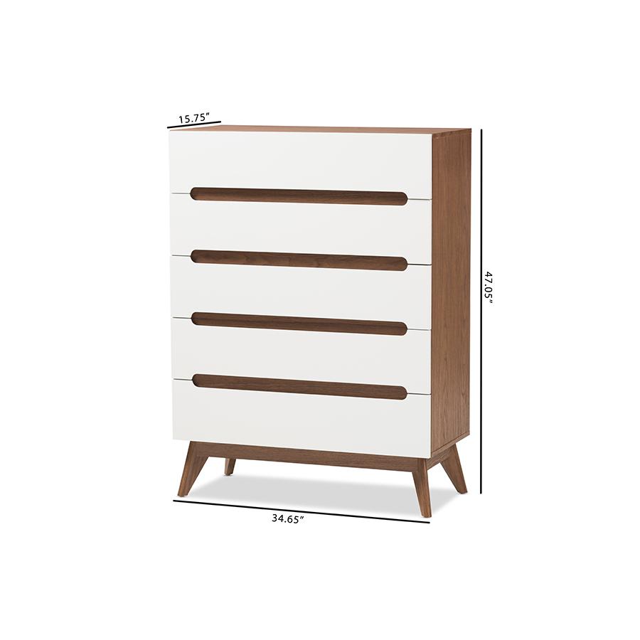 Calypso Mid-Century Modern White and Walnut Wood 5-Drawer Storage Chest. Picture 8