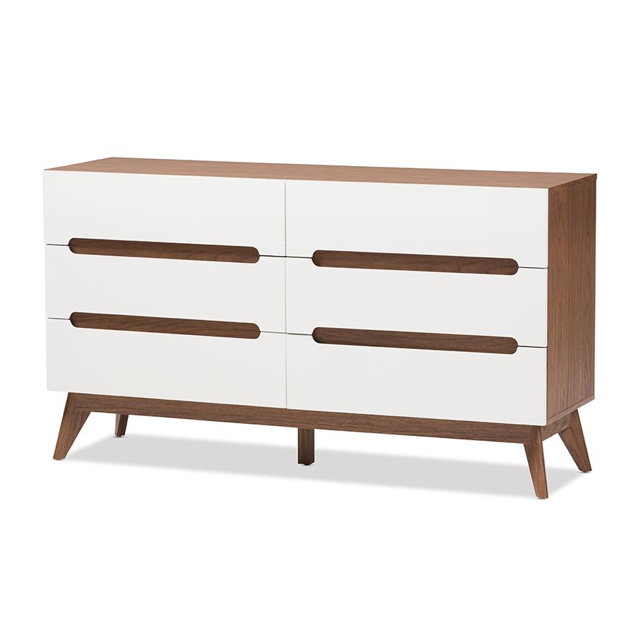 Calypso Mid-Century Modern White and Walnut Wood 6-Drawer Storage Dresser. Picture 1