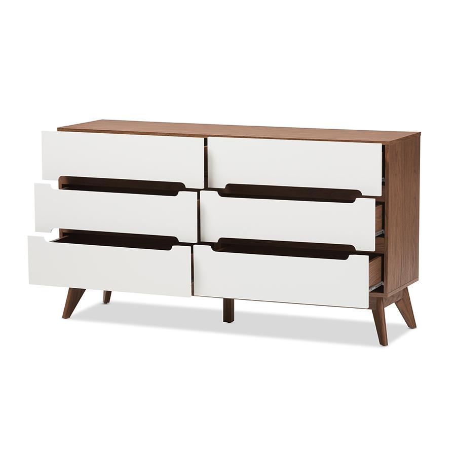 Calypso Mid-Century Modern White and Walnut Wood 6-Drawer Storage Dresser. Picture 2