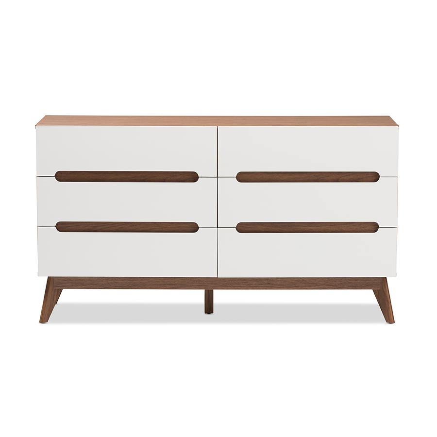 Calypso Mid-Century Modern White and Walnut Wood 6-Drawer Storage Dresser. Picture 3