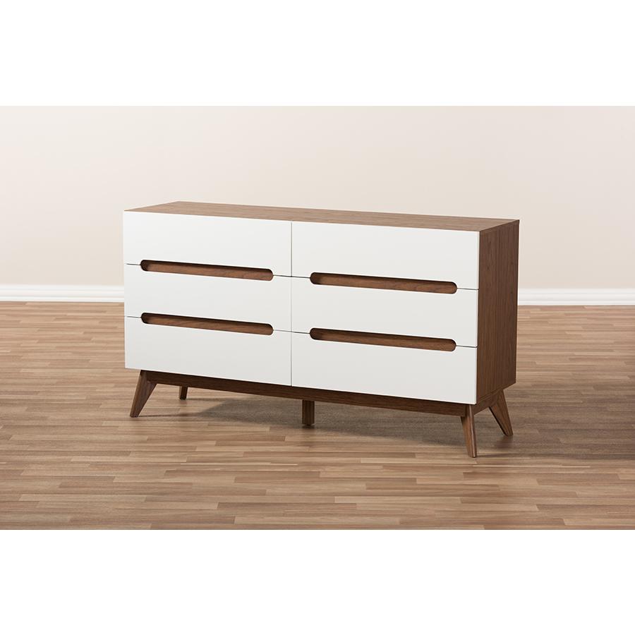 Calypso Mid-Century Modern White and Walnut Wood 6-Drawer Storage Dresser. Picture 7