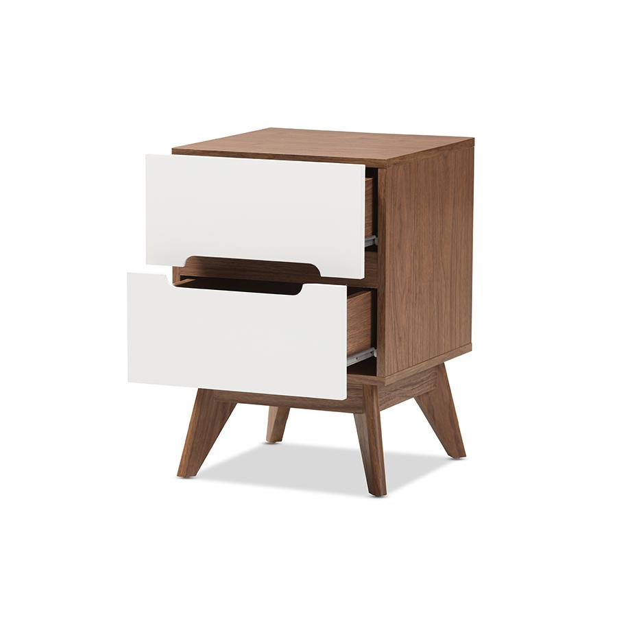 Calypso Mid-Century Modern White and Walnut Wood 3-Drawer Storage Nightstand. Picture 2
