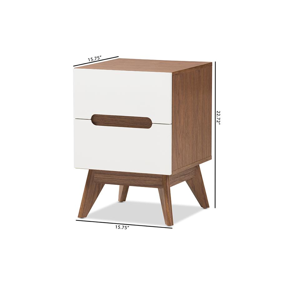 Calypso Mid-Century Modern White and Walnut Wood 3-Drawer Storage Nightstand. Picture 8