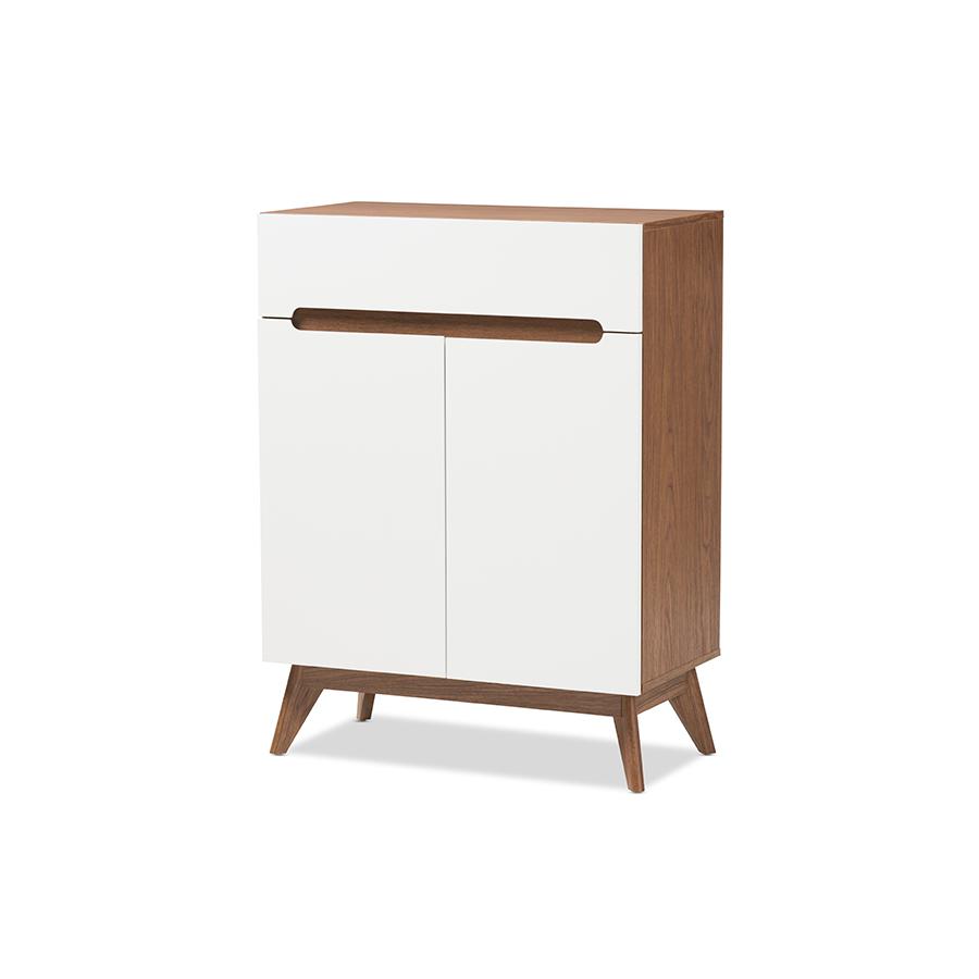 Calypso Mid-Century Modern White and Walnut Wood Storage Shoe Cabinet. Picture 1
