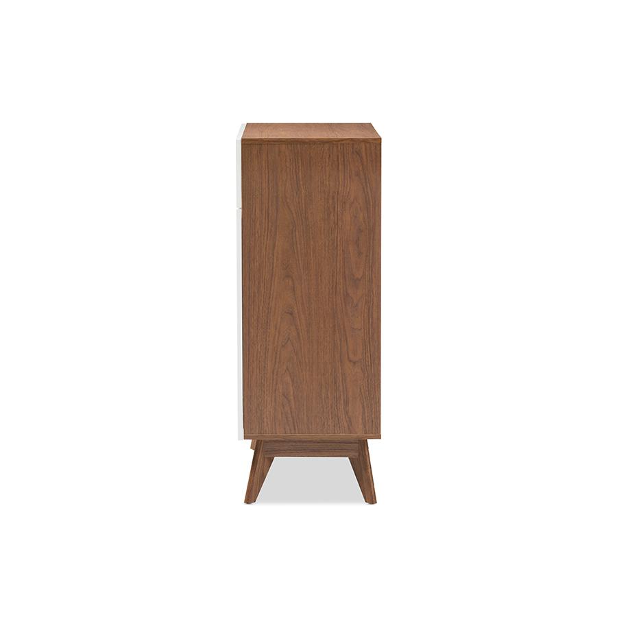 Calypso Mid-Century Modern White and Walnut Wood Storage Shoe Cabinet. Picture 4