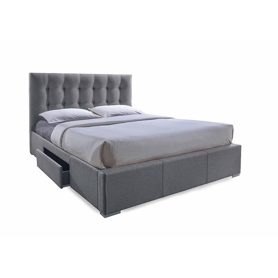 Grid-Tufted Grey Fabric Upholstered Storage King-Size Bed with 2-drawer. Picture 5