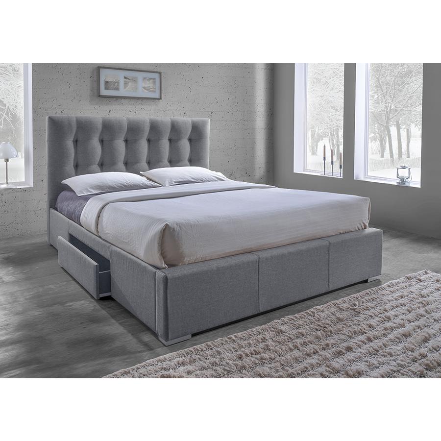 Grid-Tufted Grey Fabric Upholstered Storage King-Size Bed with 2-drawer. Picture 4