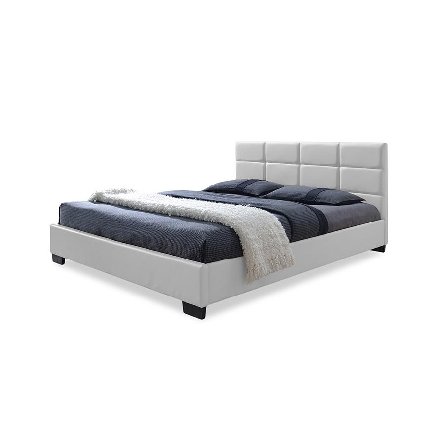 Vivaldi Modern and Contemporary White Faux Leather Padded Platform Base Full Size Bed Frame. Picture 1