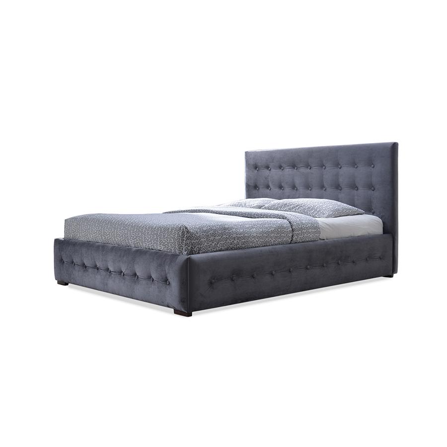 Margaret Modern and Contemporary Grey Velvet Button-tufted Queen Platform Bed. Picture 4