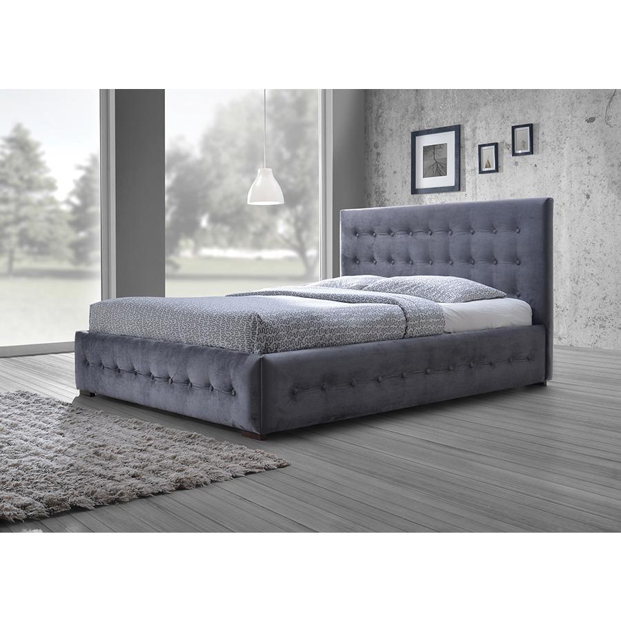 Margaret Modern and Contemporary Grey Velvet Button-tufted Queen Platform Bed. Picture 3