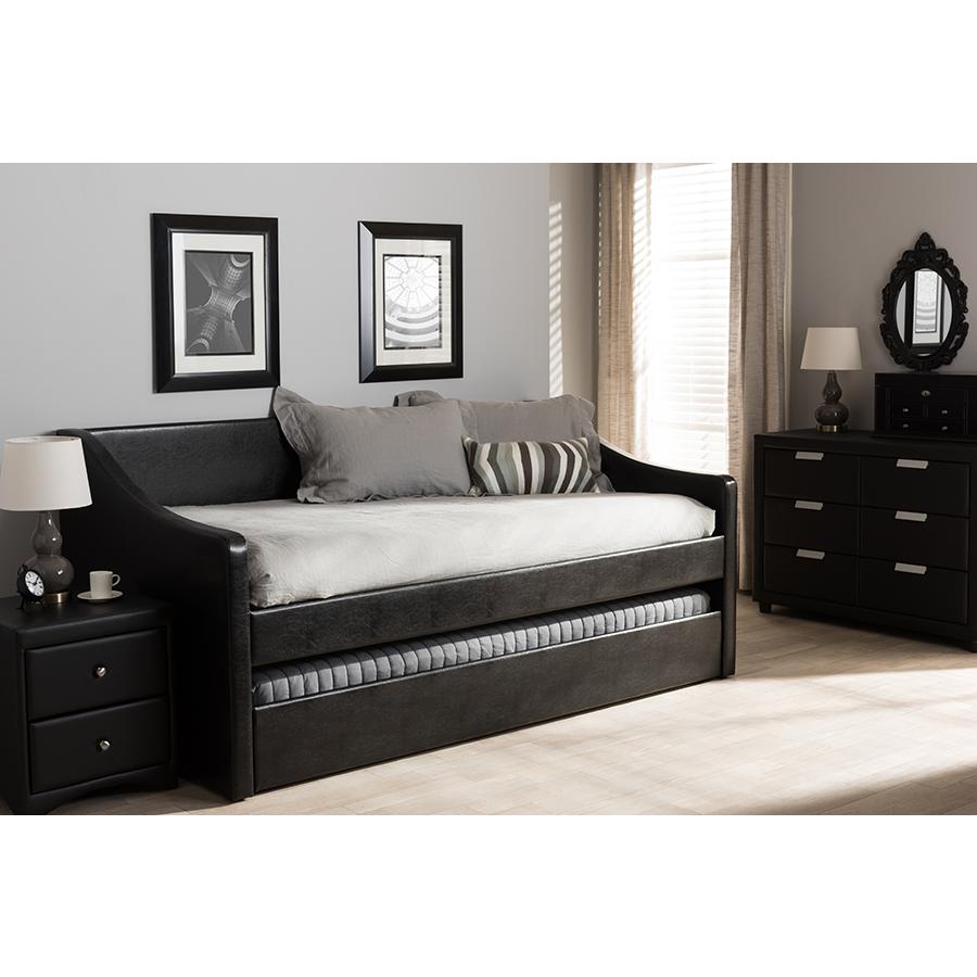 Barnstorm Modern and Contemporary Black Faux Leather Upholstered Daybed with Guest Trundle Bed. Picture 6