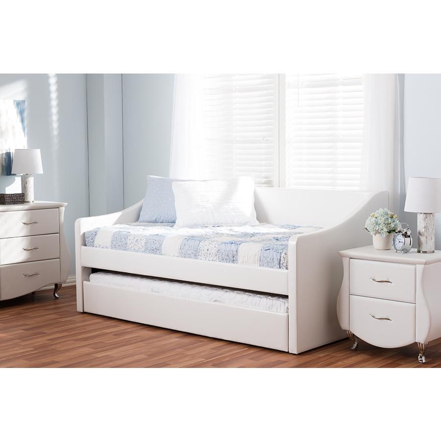 Barnstorm Modern and Contemporary White Faux Leather Upholstered Daybed with Guest Trundle Bed. Picture 6