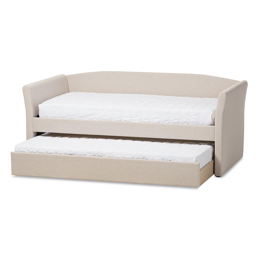 Camino Modern and Contemporary Beige Fabric Upholstered Daybed with Guest Trundle Bed. Picture 2