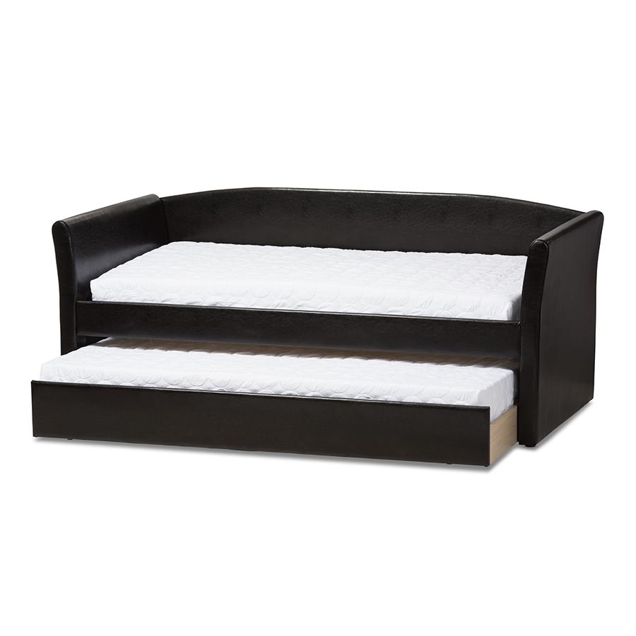 Camino Modern and Contemporary Black Faux Leather Upholstered Daybed with Guest Trundle Bed. Picture 2