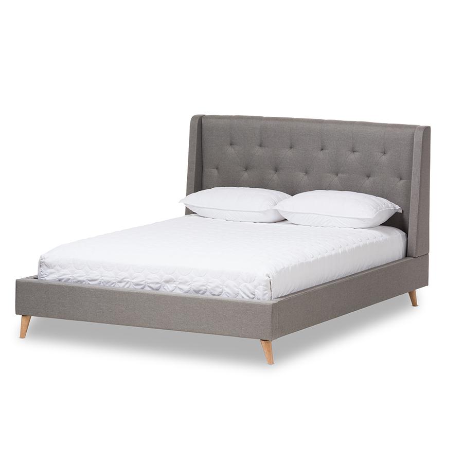 Adelaide Retro Modern Light Grey Fabric Upholstered King Size Platform Bed. Picture 1