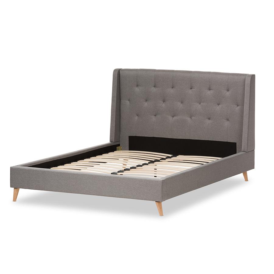 Adelaide Retro Modern Light Grey Fabric Upholstered King Size Platform Bed. Picture 3
