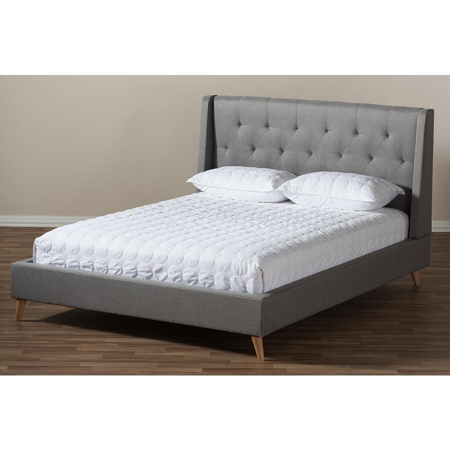 Adelaide Retro Modern Light Grey Fabric Upholstered Queen Size Platform Bed. Picture 7