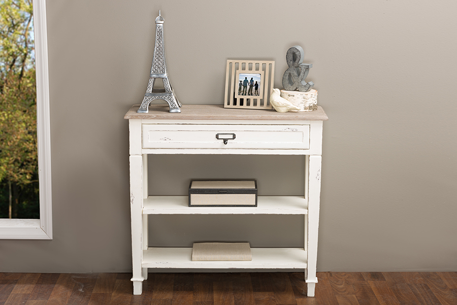Dauphine Traditional French Accent Console Table—1 Drawer White/Light Brown. Picture 4