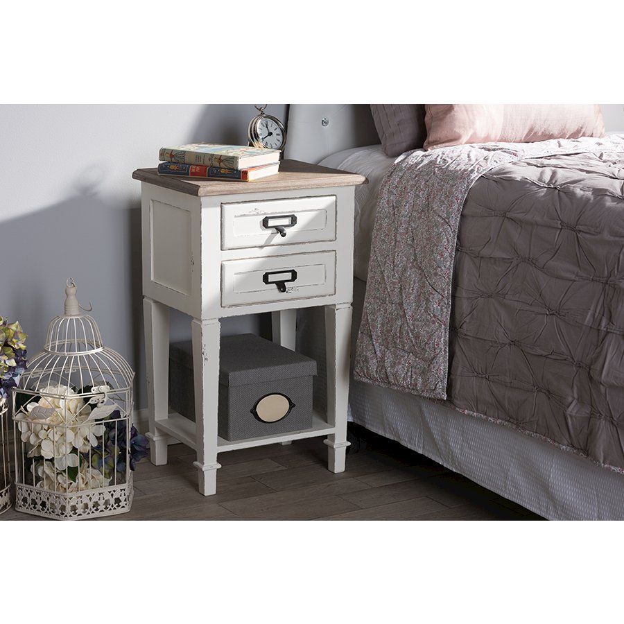 Dauphine Provincial Style Weathered Oak and White Wash Distressed Finish Wood Nightstand. Picture 2