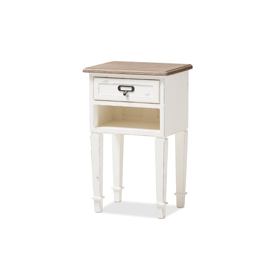 Dauphine Provincial Style Weathered Oak and White Wash Distressed Finish Wood Nightstand. Picture 1