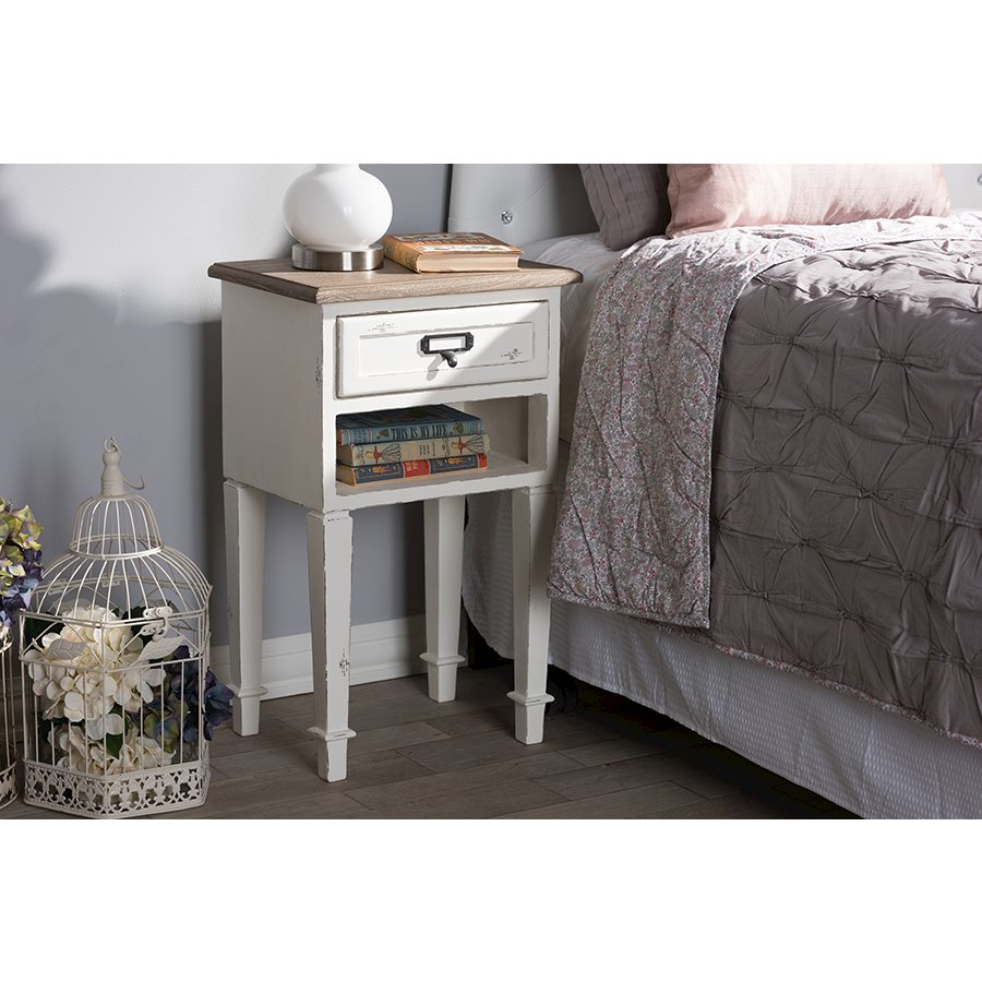 Dauphine Provincial Style Weathered Oak and White Wash Distressed Finish Wood Nightstand. Picture 3